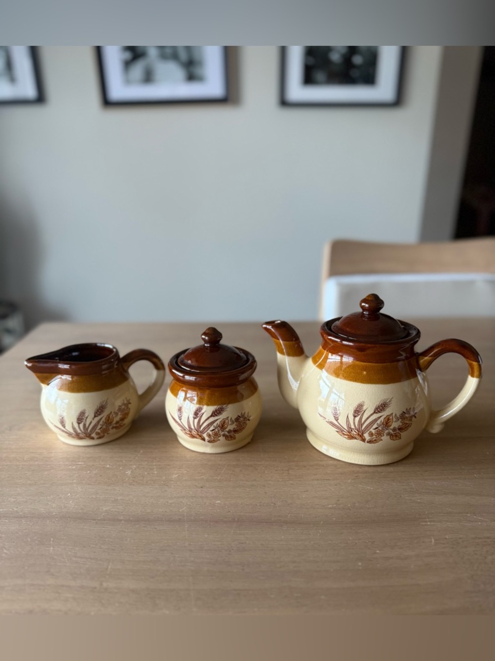 Vintage slipware earthenware coffee pot set.